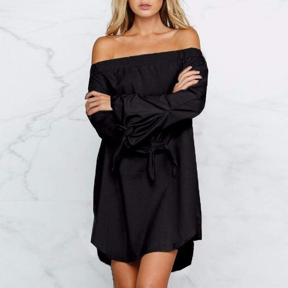 Summer Women Sexy Off-Shoulder Long Sleeve Casual Loose Mini Dress - Black / L