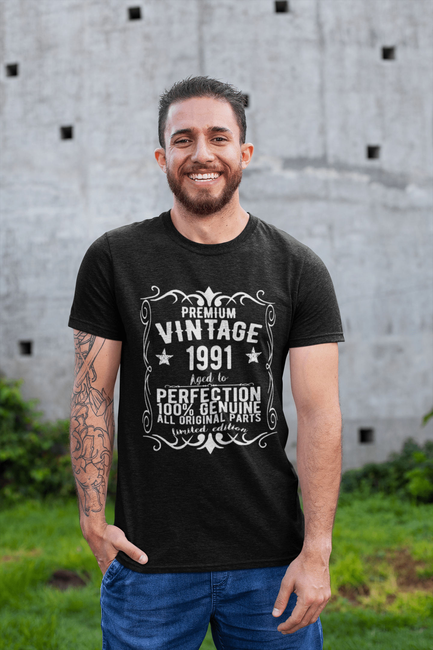 Premium Vintage Jahr 1991, Schwarz, Kurzarm-Rundhals-T-Shirt für Herren, Geschenk-T-Shirt 00347