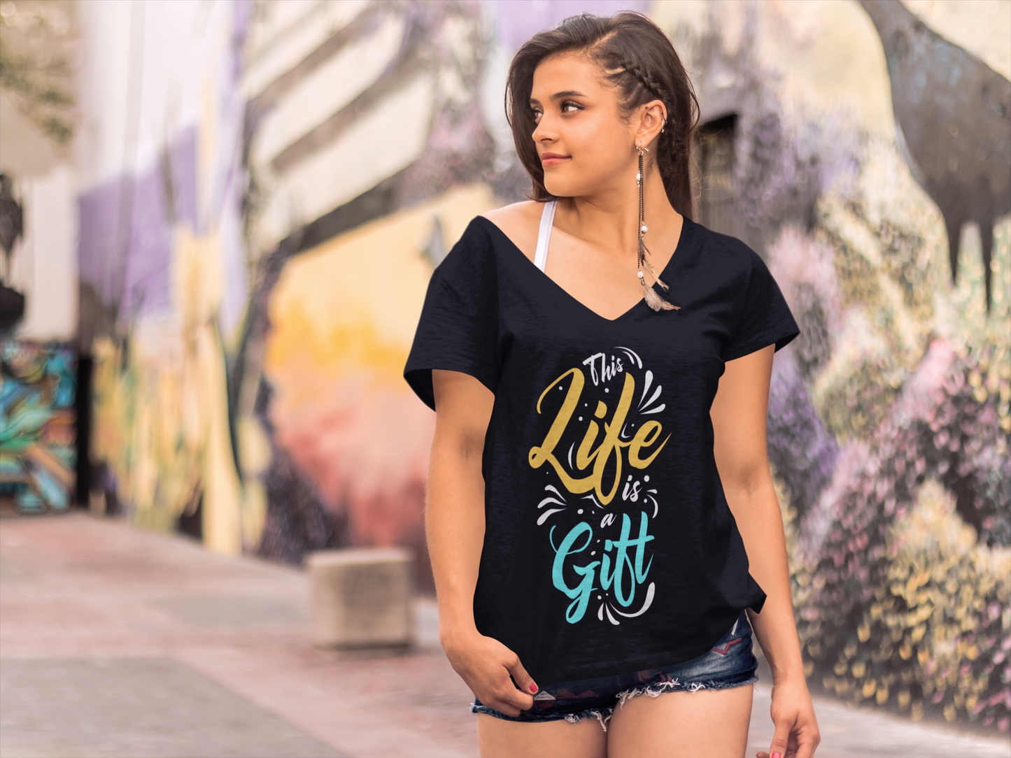 ULTRABASIC Damen-Grafik-T-Shirt „This Life is a Gift“ – Motivierendes Zitat-Shirt