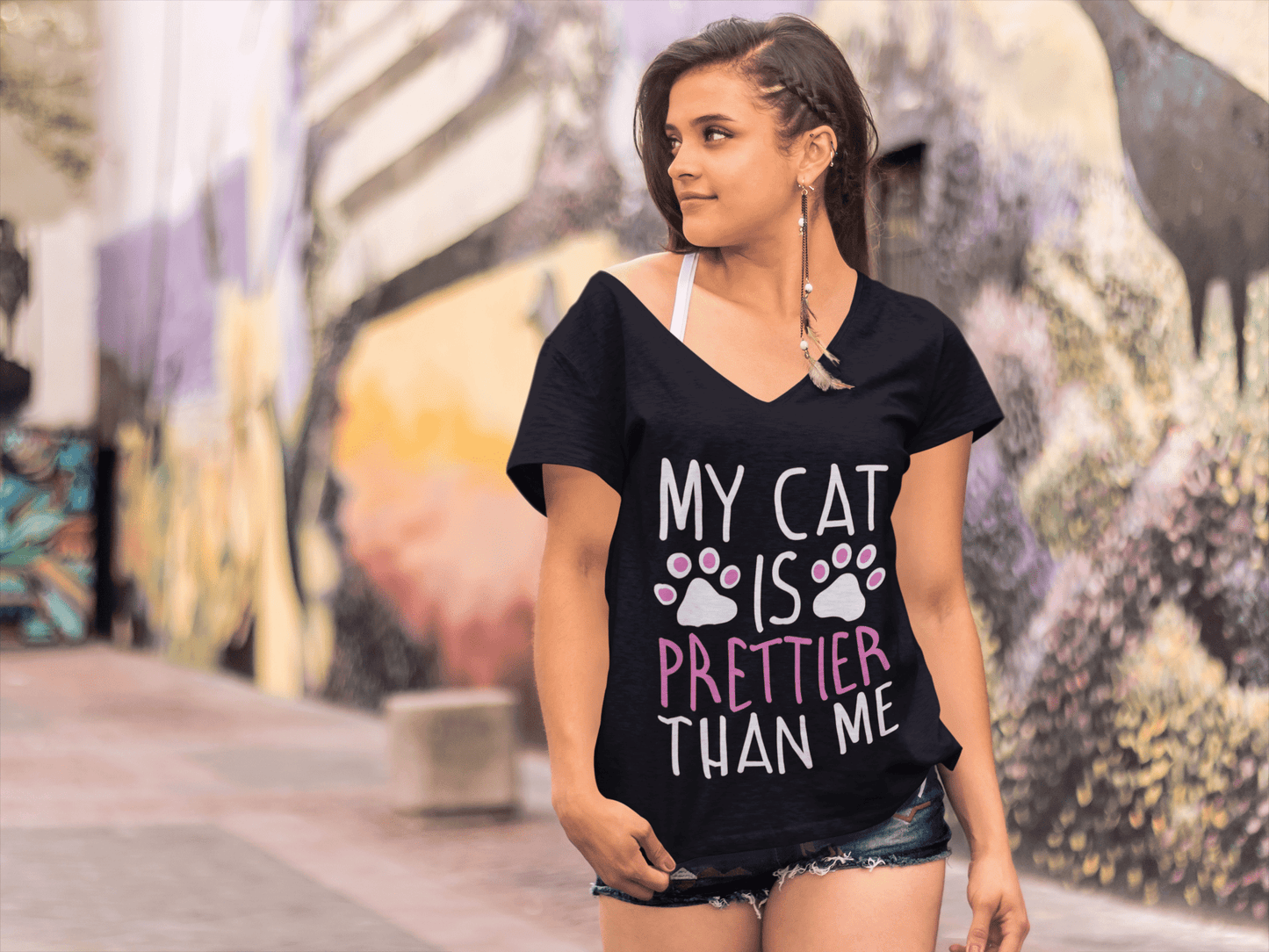 ULTRABASIC Damen-T-Shirt „My Cat Is Prettier Than Me“ – Lustiges Kätzchen-Shirt für Katzenliebhaber
