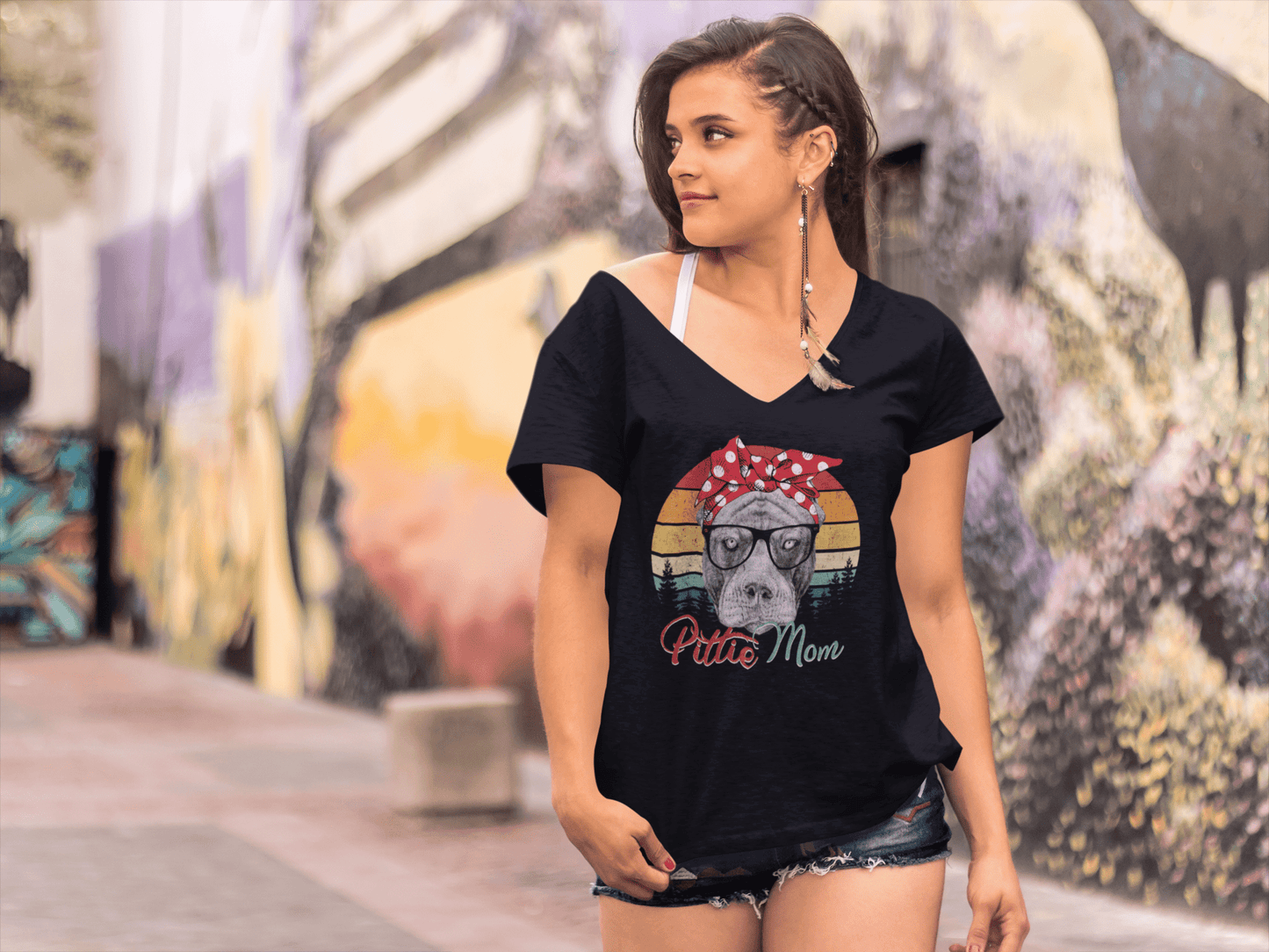 ULTRABASIC Damen T-Shirt Pittie Mom Retro Sunset – Süßes Pitbull Paw Dog Lover T-Shirt für Damen
