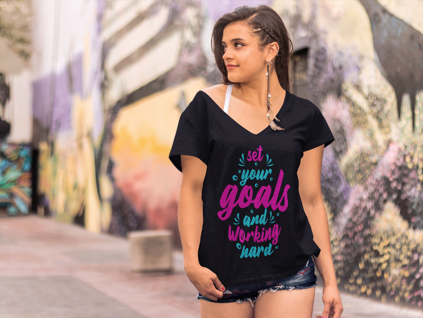 ULTRABASIC Damen-T-Shirt: Setzen Sie Ihre Ziele und arbeiten Sie hart – Motivationsshirt
