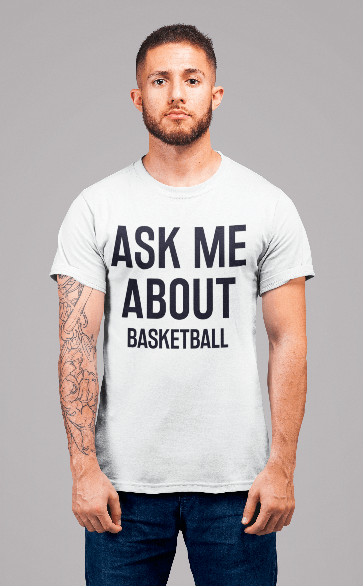 • Fragen Sie mich nach Basketball, Weiß, Herren-Kurzarm-Rundhals-T-Shirt 00277