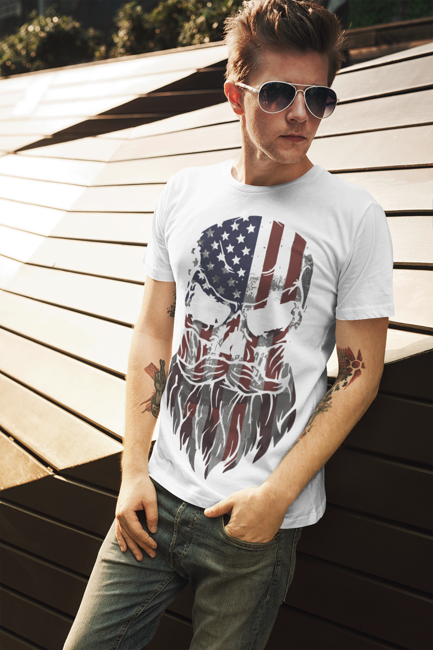 ULTRABASIC Herren T-Shirt – Bärtiger Totenkopf – Patriotisches Hemd mit US-amerikanischer Flagge