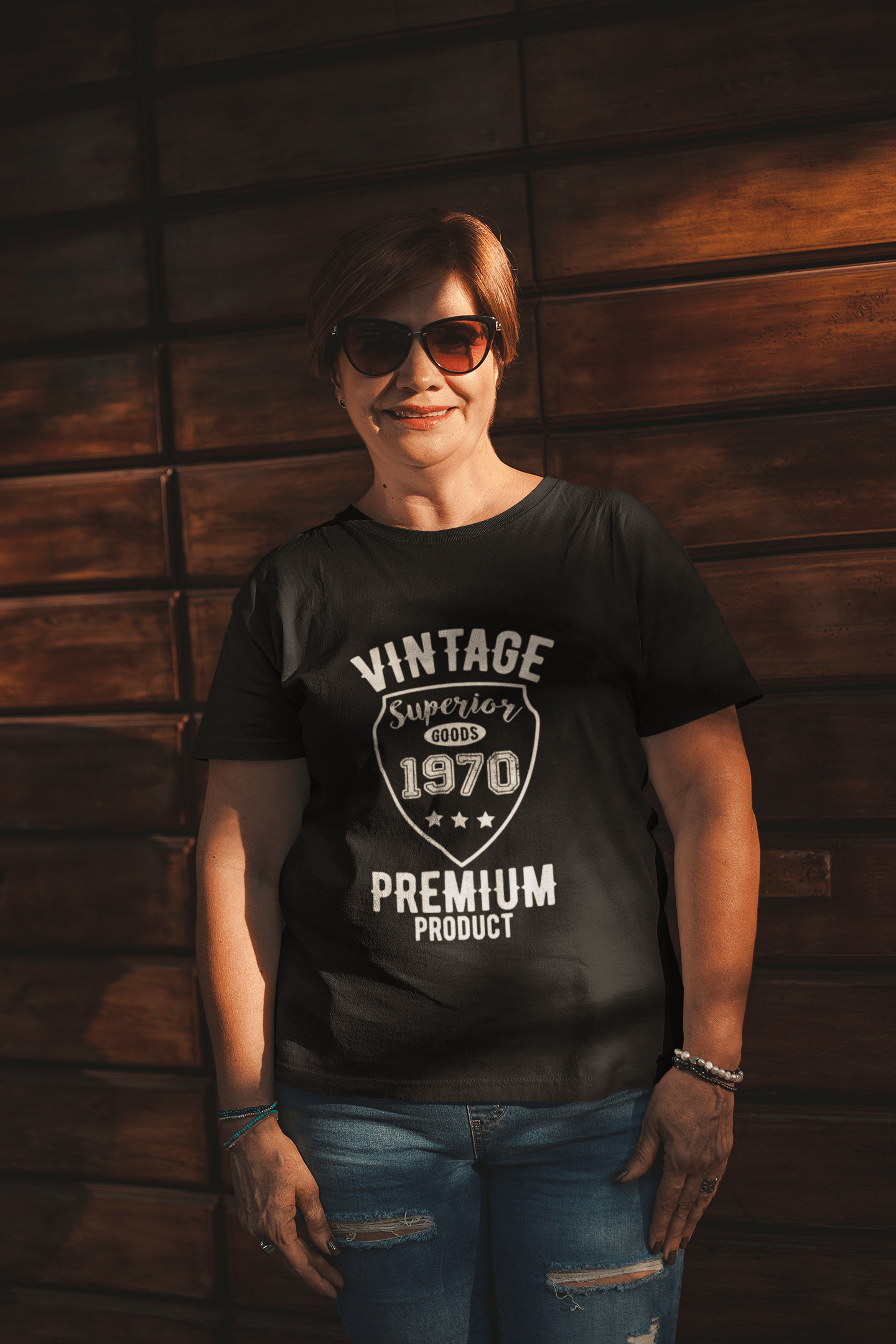 1970, Vintage Superior, Schwarz, Damen-Kurzarm-Rundhals-T-Shirt 00091