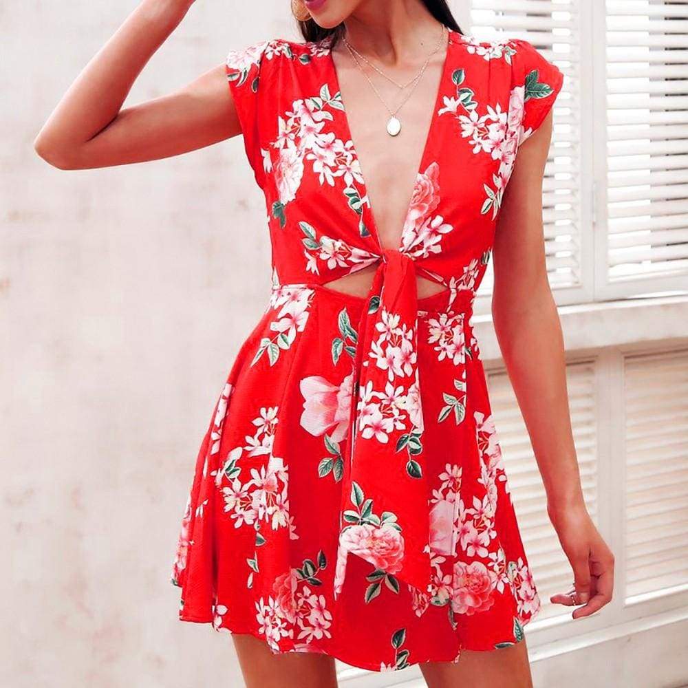 Women Ladies Sexy Deep-V Bandage Floral Print Pullover Siamese Mini Dress - Red / L