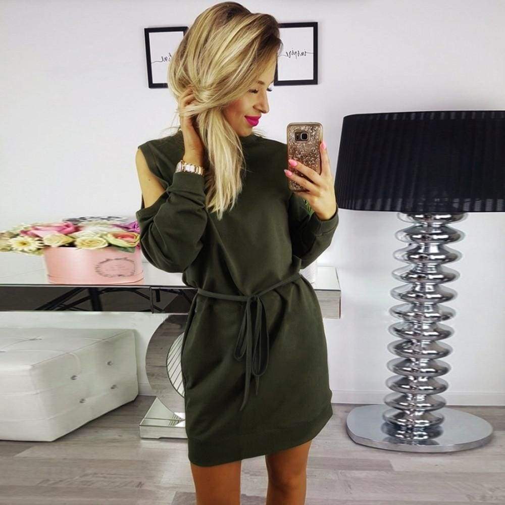 Womens Ladies Holiday Long Sleeve Beach Casual Cold Shoulder Party Mini Dress - Green / L