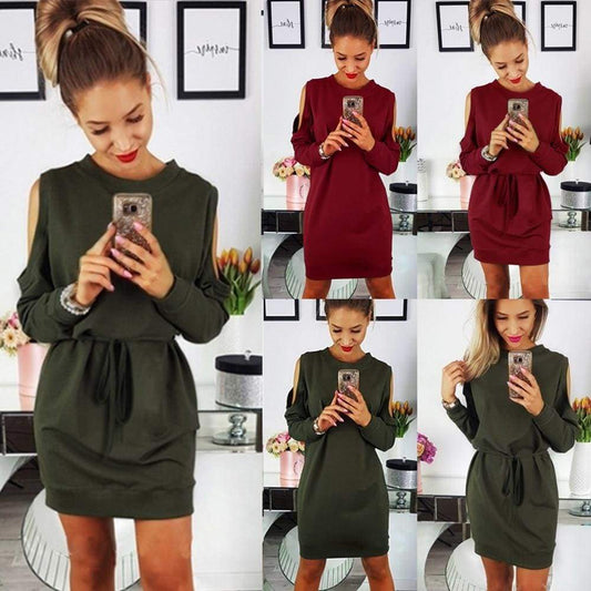 Womens Ladies Holiday Long Sleeve Beach Casual Cold Shoulder Party Mini Dress