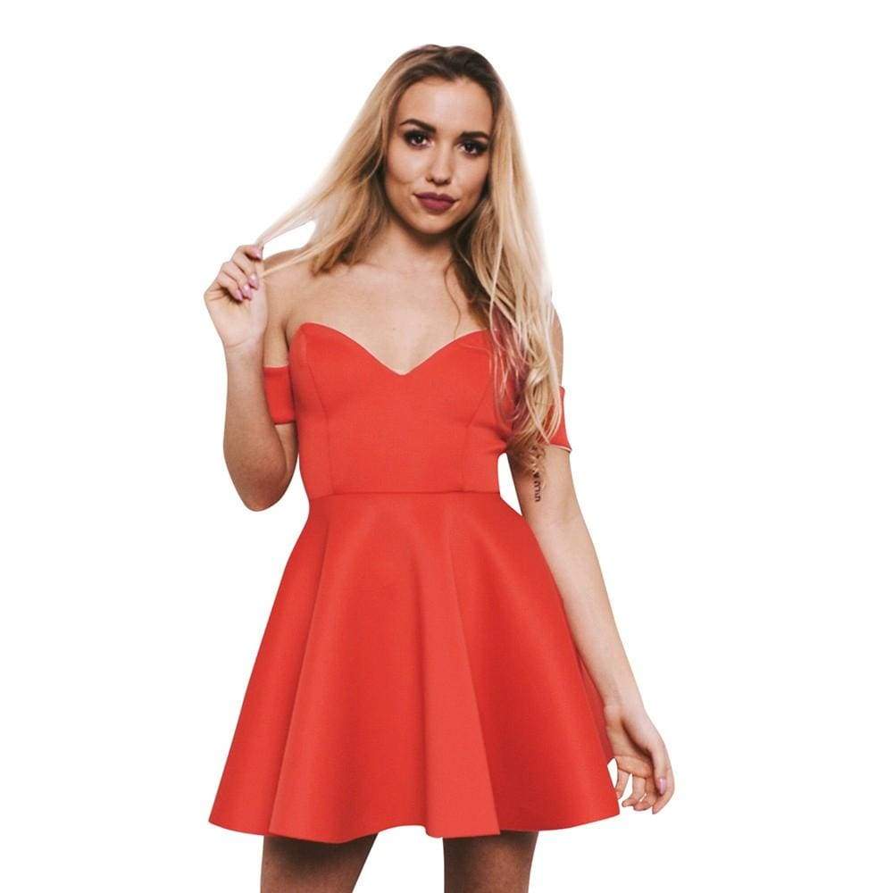 Womens Off Shoulder Holiday Solid Dress Ladies Summer Beach Mini Party Dress - Red / L