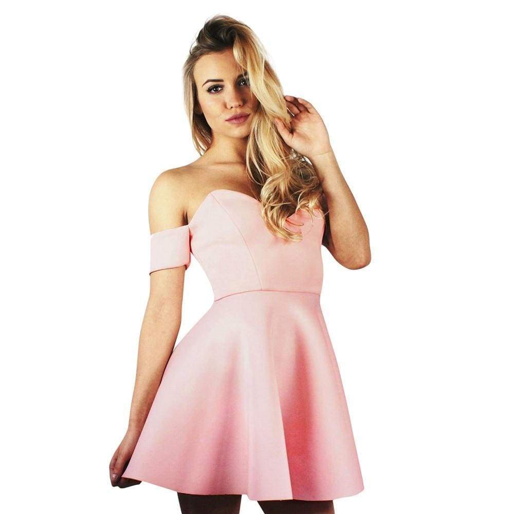 Womens Off Shoulder Holiday Solid Dress Ladies Summer Beach Mini Party Dress - Pink / L
